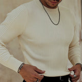 WIAOFELLAS  -  Trendy Bottoming Tees Mens Knitted Solid Color Texture Long Sleeve T-shirts For Men Spring Fall Stylish Slim Stretch O Neck Tops