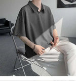 WIAOFELLAS  -  Trendy Summer Men‘s Solid Color Ice Silk Casual T-shirts New Fashion Turn Down Collar Short Sleeve Loose Tops Male