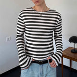WIAOFELLAS  -  Men Striped T Shirt O-neck Long Sleeve Fashion Casual Men Clothing Streetwear Knitted Korean Style Tee Tops