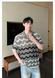 WIAOFELLAS  -  Fashion Men's Hollow Out Contrast Color Striped Casual T-shirt Trendy Loose Short Sleeves Lapel Tops Male Summer