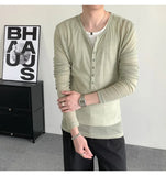 WIAOFELLAS  -  Emerald green deep v-neck perspective long-sleeved T-shirt men's ascetic slim tulle blouse lazy inner Henry collar top