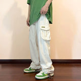WIAOFELLAS  -  American Retro Workwear Pants Men's High Street Ins Trendy Loose Straight Leg Mop Pants with Multiple Pockets Casual Pants