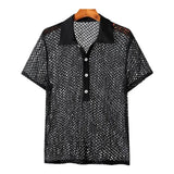 WIAOFELLAS  -  Summer Men's Pure Black Lapel Sweater Loose See-through Short-sleeved T-shirt Men's Bar Dancing Sexy Mesh Shirt