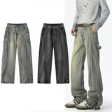 WIAOFELLAS  -  American Retro Wide-leg Jeans for Men New Style High Street Washed Denim Fabric Pants Youth Casual Loose Baggy Jeans Trousers
