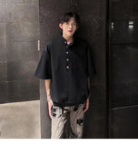 WIAOFELLAS  -  Fashion Men's Solid Color Button American Style T-shirt Trendy Stand Colar Short Sleeves Casual Top Male 2025 Summer