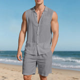 Wiaofellas  -  Breathable Summer Men'S 2 Piece Beach Vacation Set Sleeveless Stylish Shirts and Shorts Suit Outfits Jackets for Men Suit