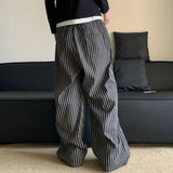 Wiaofellas  -  Vertical Striped Casual  Men's Pants Elastic Waist Lace-up Loose Straight Wide Legs Autumn New Male Trousers