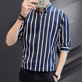 Wiaofellas Men's Shirt Striped Shirt 5 Minute Sleeve Men's Shirt Fashion Korean Style Slim Top Men's