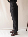 WIAOFELLAS  -  Trendy Men's High Waist Trousers Vintage Slim Straight Suit Pants Spring Autumn Fashionable Waffle Textured Mens Slim Trousers