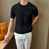 WIAOFELLAS  -  Men's Solid Color Knitted Hollow Short-Sleeved T-Shirt Fashionable Retro Casual Trend Loose Daily Breathable Summer Men's Tops