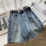 WIAOFELLAS  -  2025 New Men's Summer Solid Color Thin Shorts Male High Street Loose Denim Shorts Men Ripped Holes Straight Short Pants P895
