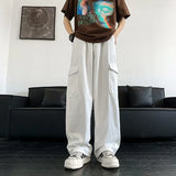 WIAOFELLAS  -  Retro Heavyweight White Multi-Pocket Work Pants Straight Leg Wide Leg Harlan Long Trousers for Men And Women Loose Fit Korean St