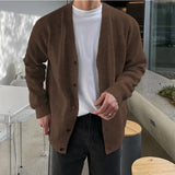 WIAOFELLAS  -  Fashionable V-Neck Knitwear Men's Loose Fit Solid Color Autumn New Style Casual Versatile Open Cardigan Sweater Jacket