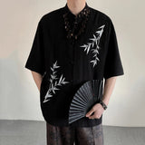 WIAOFELLAS  -  New Chinese Style Men's Shirts Stand Collar Bamboo Embroidery Contrast Color Single Breasted Short Sleeve Male Tops