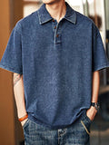 Wiaofellas  -  Daily Casual Mens Denim Polo Shirts Stylish Solid Color Short Sleeve Pullover Tops Summer Men Vintage Buttoned Polo Collar Shirt