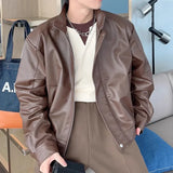 WIAOFELLAS  -  High Sense Standing Collar Shoulder Padded Motorcycle Jacket PU Leather Jacket Spring and Autumn Men Short Loose Leather Coat