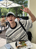 Wiaofellas  -  Retro Japanese Grey Striped Patchwork Button Casual Short Sleeve round Neck Loose Pure Cotton T-Shirt for Men And Women
