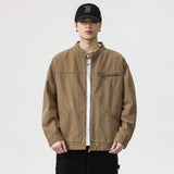 WIAOFELLAS  -  Vertical collar button-down tooling biker jacket men's texture granular bead canvas woven vintage casual Detroit jacket