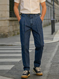 Wiaofellas  -  Spring Summer Men's Denim Look Woven Trousers, Neapolitan Double Pleat  High Waist Straight Leg Business Dress Pants