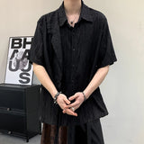 WIAOFELLAS  -  Short Sleeved Men's Shirts Casual Solid Color Hollow Out Jacquard Lace-up Loose Single Breasted Male Tops Trendy