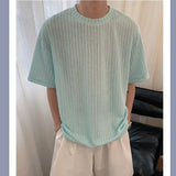 WIAOFELLAS  -  Texture Vertical Stripe Ice Silk T-shirt for Men Summer Thin Hanging Short Sleeved Pullover Tops Rugged Handsome T-shirts Soft