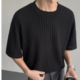 WIAOFELLAS  -  Texture Vertical Stripe Ice Silk T-shirt for Men Summer Thin Hanging Short Sleeved Pullover Tops Rugged Handsome T-shirts Soft