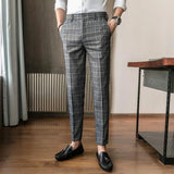 Wiaofellas  -  British Retro Slim Straight Trousers Plaid Casual Pants Men