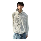 Wiaofellas  -  Trendy Long Sleeve Bubble Cloth High Intelligence Sensation Stripe American Style Spring Autumn Shirt Coat Men Women Model
