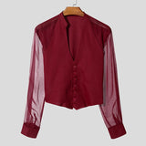 WIAOFELLAS  -  Men Shirt Mesh Patchwork V Neck Long Sleeve Transparent Sexy Casual Male Shirts Streetwear Fashion Party Camisas
