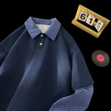 WIAOFELLAS  -  Blue Plaid Two-Piece Illusion Polo Shirt 2025 Spring New Long Sleeve Shirt Korean Style Lattice Splicing Lapel Sweatshirt Couple