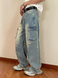 WIAOFELLAS  -  Washed Large Pocket Cargo Pants Men Fashionable Street Loose Straight Jeans Harajuku Style Hip Hop Trousers Men Jeans
