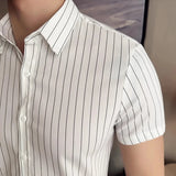 WIAOFELLAS  -  Summer Spring Short Sleeved Silky Shirt Men British Style Striped Printed Slim Mens Shirts Business Handsome Men's Casual Shirt