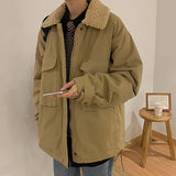 Wiaofellas  -  Lamb Fur Lined Thiened Cotton Jaet Men's Winter Casual Loose Fit Faionable Warm Workwear Sle Zipper Closure Pure Color
