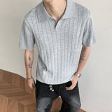 Wiaofellas  -  Summer Men V Neck Knitted Polo Shirt Retro Stripe Jacquard Solid Color Short Sleeve T-shirt Light Luxury Textured Knitwear M-3XL