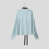 Wiaofellas  -  Men Shirt Lace Patchwork Long Sleeve Stand Collar Men Clothing Tops With Belt Streetwear Fashion Casual Male Shirts
