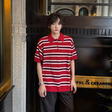 WIAOFELLAS  -  Trendy Men's Contrast Color Striped Buttons Design Loose T-shirt Fashion Casual Lapel Short Sleeves Tops Male Summer