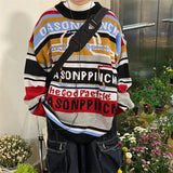 WIAOFELLAS  -  Men's Knitted Sweaters Retro Contrast Striped Round Neck Sweater Women Autumn Winter Long Sleeves Letter Pullover Tops