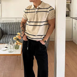 Wiaofellas  -  Daily Leisure Mens Slim Polo Shirts Knitted Short Sleeve Buttoned Turn-down Collar Polo Shirt Summer Casual Striped Knitting Top
