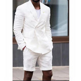 Wiaofellas  -  Fashion Men Suits Chic Double Breasted Thin Linen Male Blazer Beach Casual Wedding Tuxedo Slim Fit Men's Shorts Kit 2 Piece Set