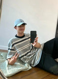 Wiaofellas  -  Retro Japanese Grey Striped Patchwork Button Casual Short Sleeve round Neck Loose Pure Cotton T-Shirt for Men And Women