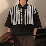 WIAOFELLAS  -  Men Shirt Lace Patchwork Pleated Lapel Short Sleeve Lace Up Men Clothing Summer Loose Streetwear Casual Male Shirts 2025