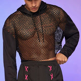 Wiaofellas  -  Streetwear Vintage Mens Mesh T Shirts Spring Autumn Party Fashion Long Sleeve Patchwork Hooded T-shirt Men