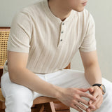 Wiaofellas  -  Brand Laisel Linen Knitted T-shirt Men's Short Sleeved Slim Casual Business Polo Shirts Round Neck Social Versatile Base T-shirt