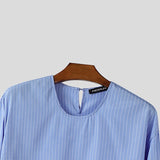 WIAOFELLAS  -  Men Striped Shirt O-neck Long Sleeve Loose Lace Up Casual Men Clothing Streetwear Fashion Tops Leisure Camisas S-3XL