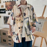 Wiaofellas  -  Retro Oil Painting Printed Short-sleeved Shirt Men's Trendy Street Loose Lazy Style Top