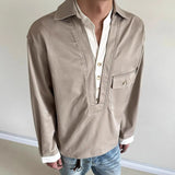 Wiaofellas  -  American Retro Old Money Style Contrasting V-neck Long-sleeved Shirt for Men Spring and Autumn Loose Fake Two-piece Shirt