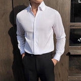 WIAOFELLAS  -  High End Business Formal Long Sleeve Striped Shirt for Men Casual V-Neck Slim Men's Dress Shirts Resistant Wrinkle Versatile Top