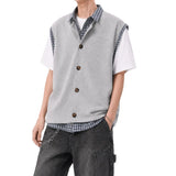 Wiaofellas  -  American Plaid Knitted Shirt Summer Short Sleeve Fake Two-Piece Design Korean Casual Top for Teenagers in Daily Wear