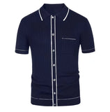Wiaofellas  -  Men's Spring Summer Knitted Polo Shirts British Retro Casual Apricot Stripe Patchwork Jacquard Business Short Sleeve Tees Shirts