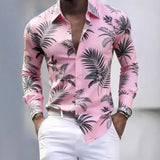 Wiaofellas  -  Men's Tropical Palm Print Long Sleeve Shirt Turn-Down Collar Slim Fit 4-Way Stretch Luxury Dress Shirt Casual Streetwear Tops